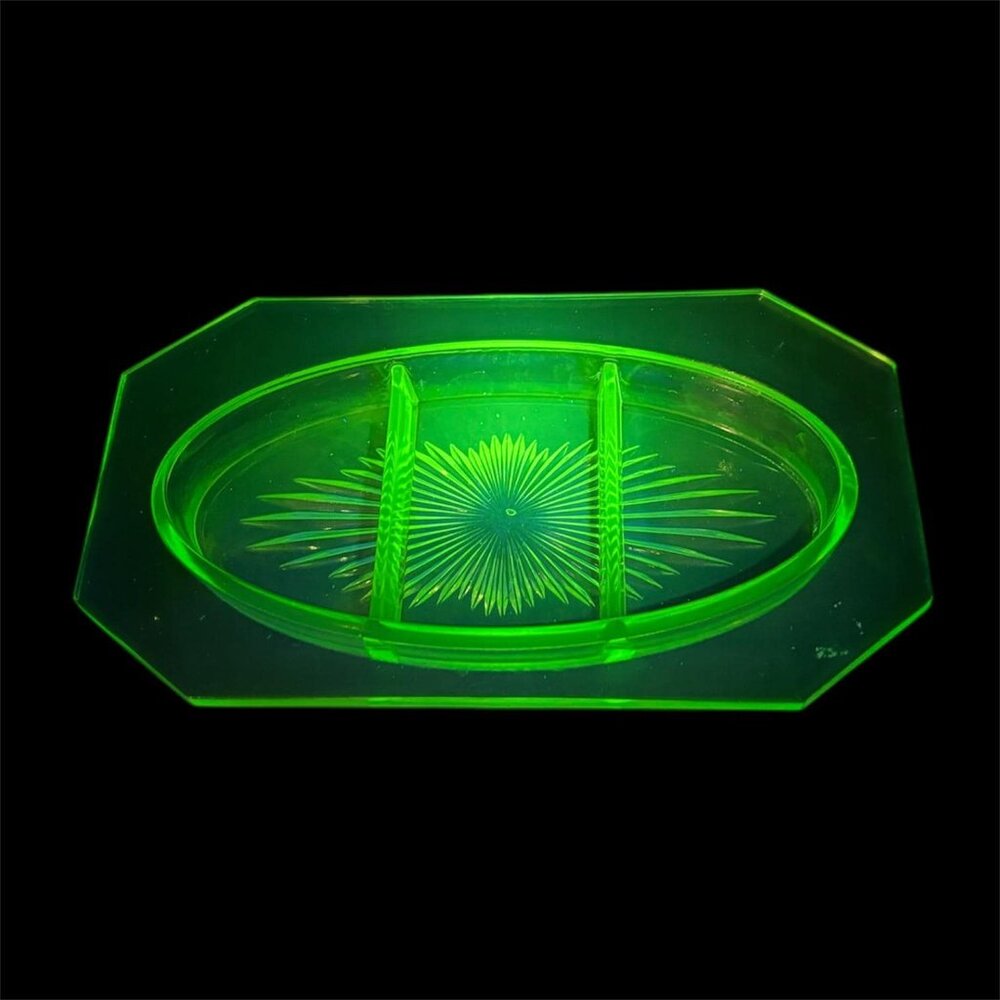 Vintage Green Depression Glass Divided Nut Dish Relish Tray Cut | Uranium